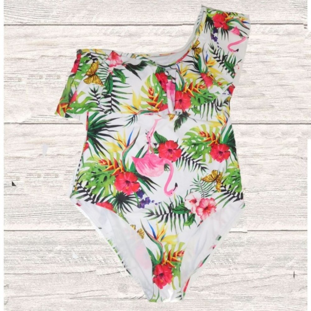 WHITE PRINT ONE SHOULDER RUFFLED ONE PIECE SWIMSUIT